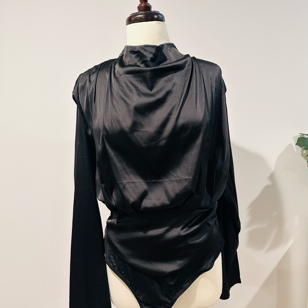 Shein Black Satin Open Back Bodysuit